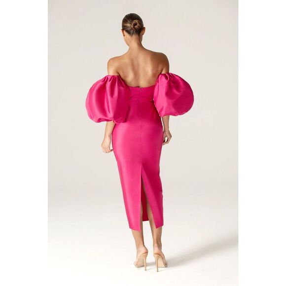 NEW Aliava Tiffany Dupioni Puff Sleeve Maxi Dress Hot Pink Midi Length Size XL - Picture 13 of 15